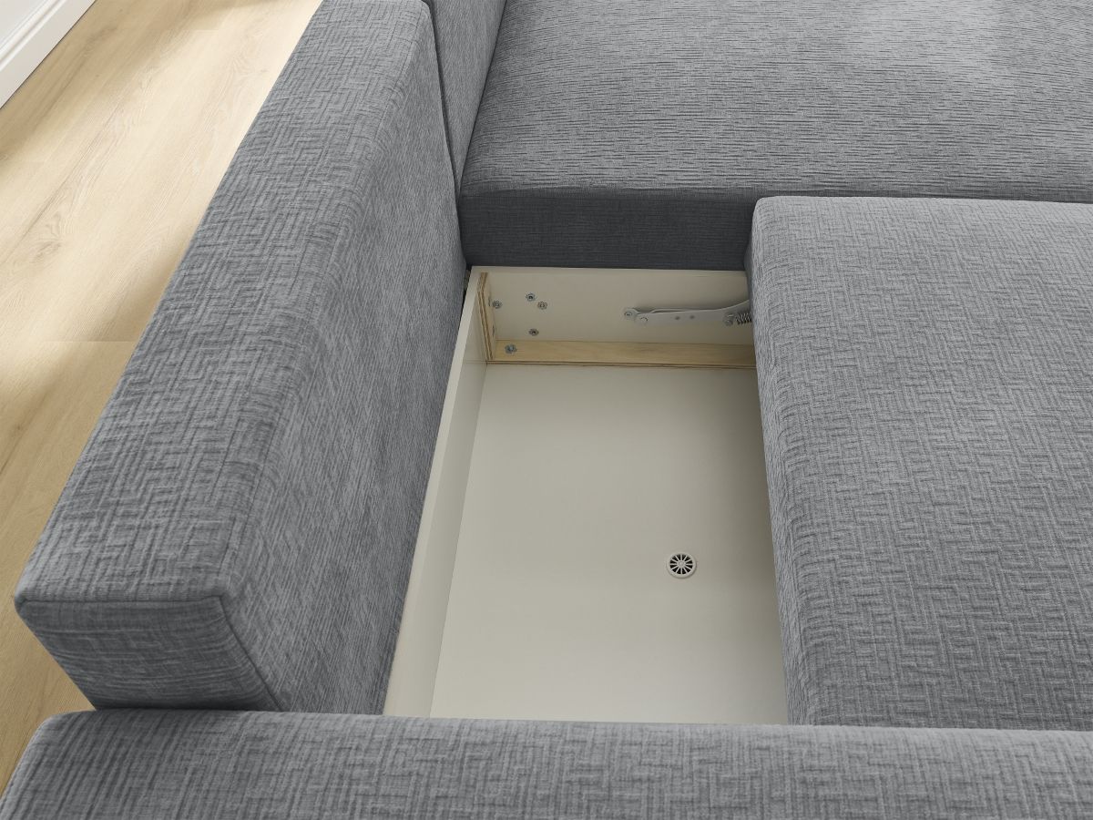 Bobochic Atilla Ecksofa mit Schlaffunktion und Bettkasten Strukturstoff Dunkelgrau Ecke rechts