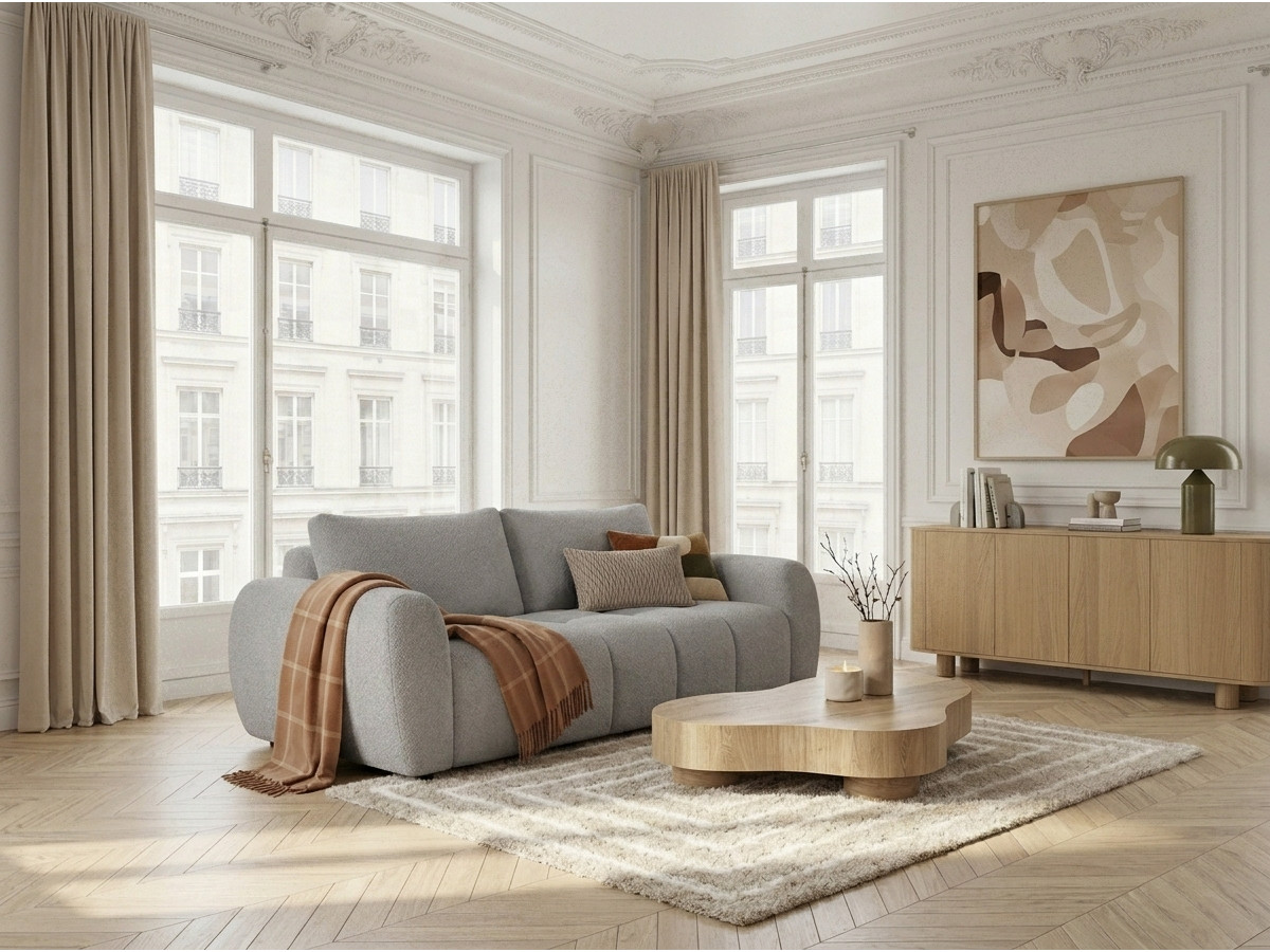 Bobochic Fuji Schlafsofa 3-Sitzer Bouclé-Stoff Hellgrau