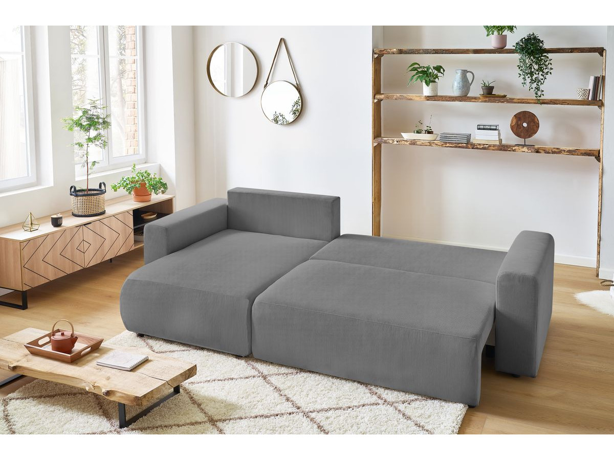 Bobochic Envy Ecksofa mit Schlaffunktion und Bettkasten und Pouf Cordsamt Dunkelgrau