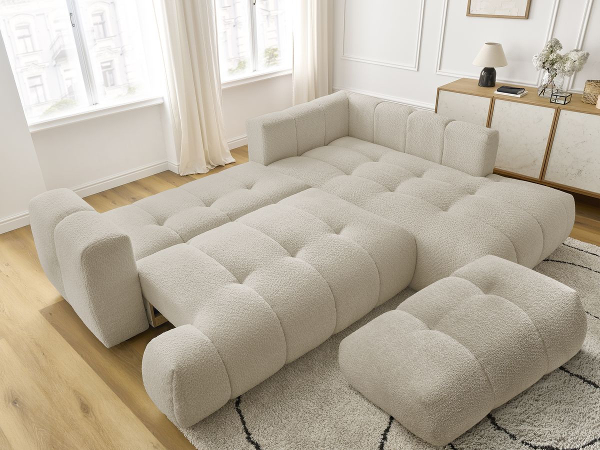 Bobochic Fuji Ecksofa mit Schlaffunktion und Bettkasten und Pouf 282 × 204 cm Bouclé-Stoff Beige Ecke rechts
