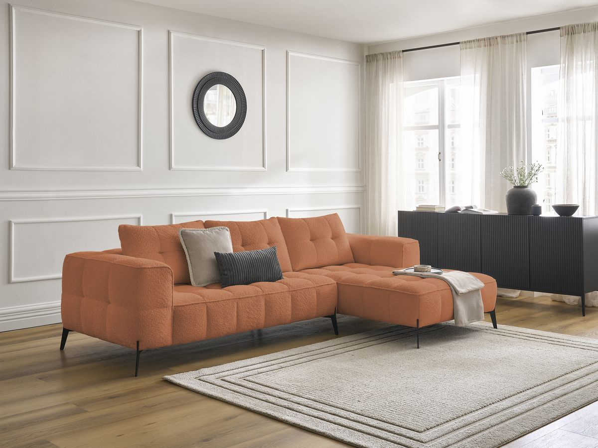 Bobochic Anis Ecksofa Bouclé-Stoff Orange Ecke rechts