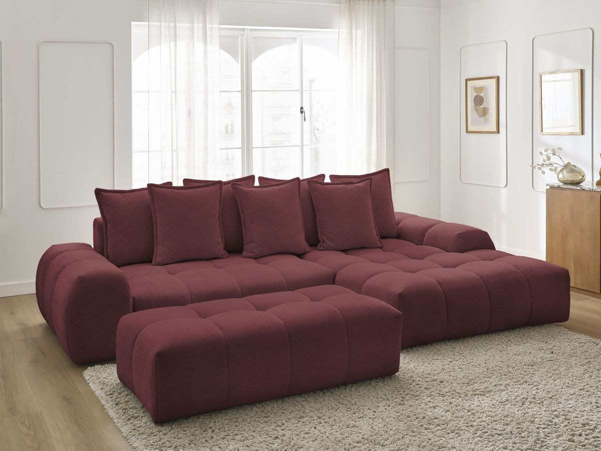 Bobochic Everest Ecksofa mit Schlaffunktion und Bettkasten und Pouf 318 × 180 cm, 7 Kissen Melange-Stoff Rot Ecke rechts