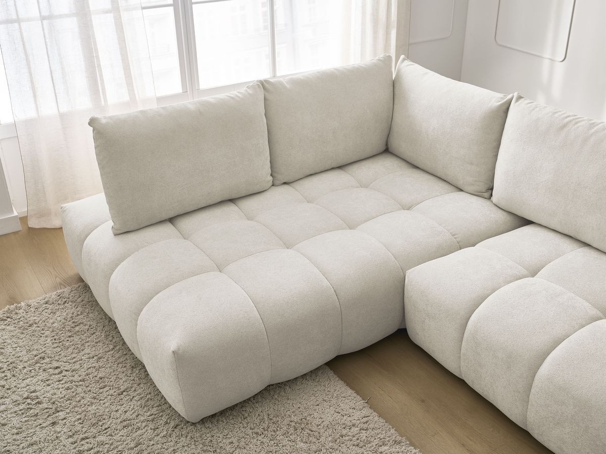 Bobochic Everest Ecksofa mit Schlaffunktion und Bettkasten 320 × 212 cm, 5 Kissen Strukturstoff Beige Ecke links
