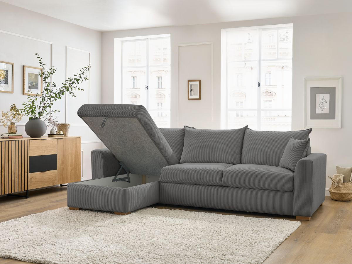 Bobochic Augustin Ecksofa mit Schlaffunktion und Bettkasten Cordsamt Dunkelgrau, Liegefläche 140 × 200 cm