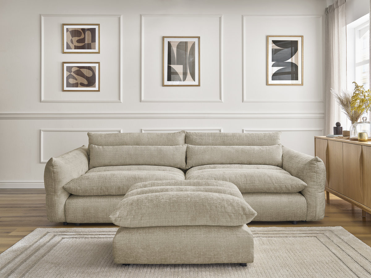 Bobochic Neil Sofa 3-Sitzer mit Pouf Strukturstoff Beige