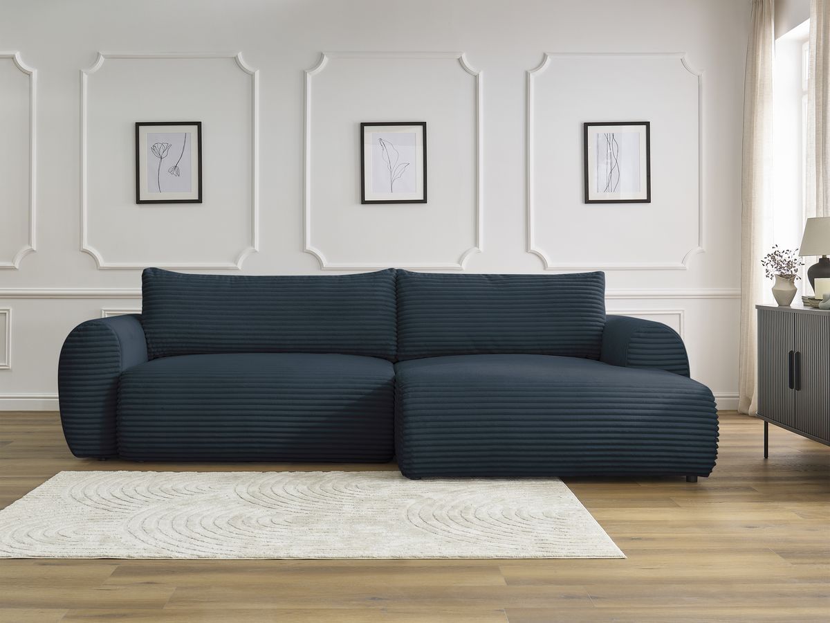 Bobochic Lucien Ecksofa mit Schlaffunktion und Bettkasten 314 × 167 cm Breitcord weich Dunkelblau Ecke rechts