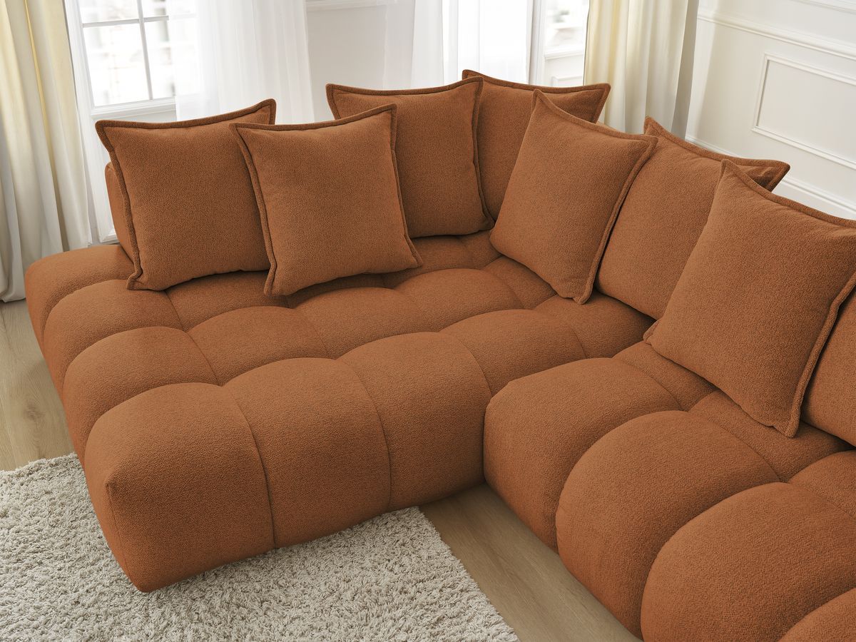 Bobochic Everest Ecksofa mit Schlaffunktion und Pouf, 10 Kissen Melange-Stoff Orange Ecke links