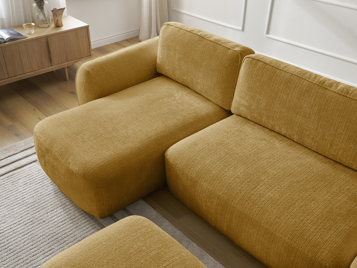 Bobochic Denise Ecksofa mit Schlaffunktion und Bettkasten und Pouf 258 × 160 cm Strukturstoff Gelb Ecke links