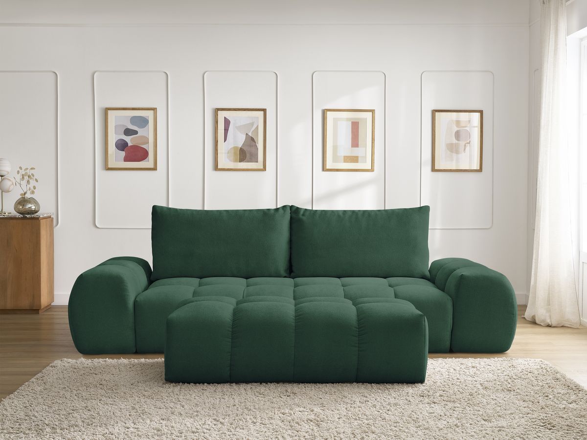 Bobochic Everest Sofa 3-Sitzer mit Pouf, 2 Kissen Strukturstoff Grün