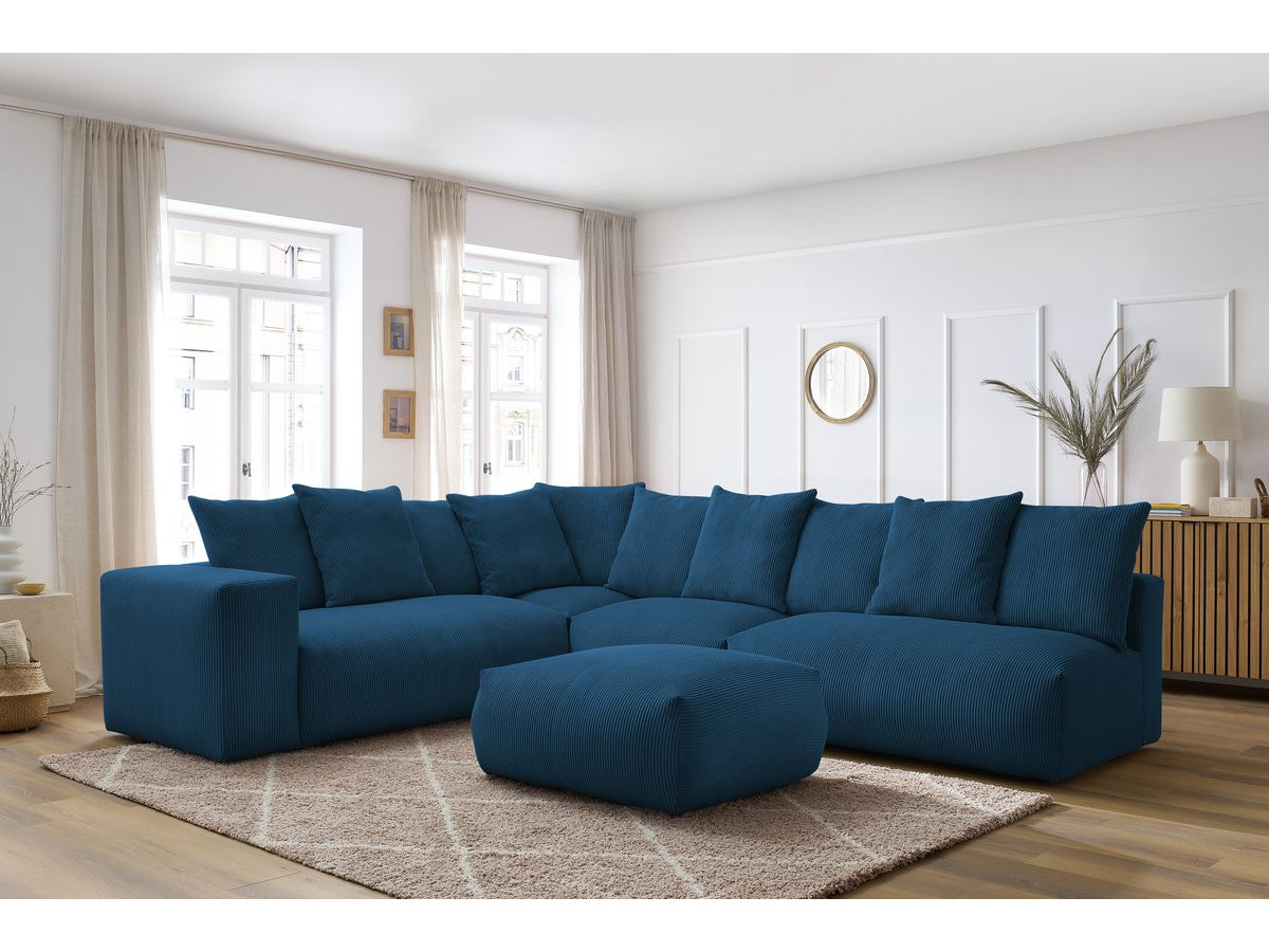 Bobochic Voltaire Ecksofa mit Pouf 322 × 268 cm Cordsamt Dunkelblau Ecke links
