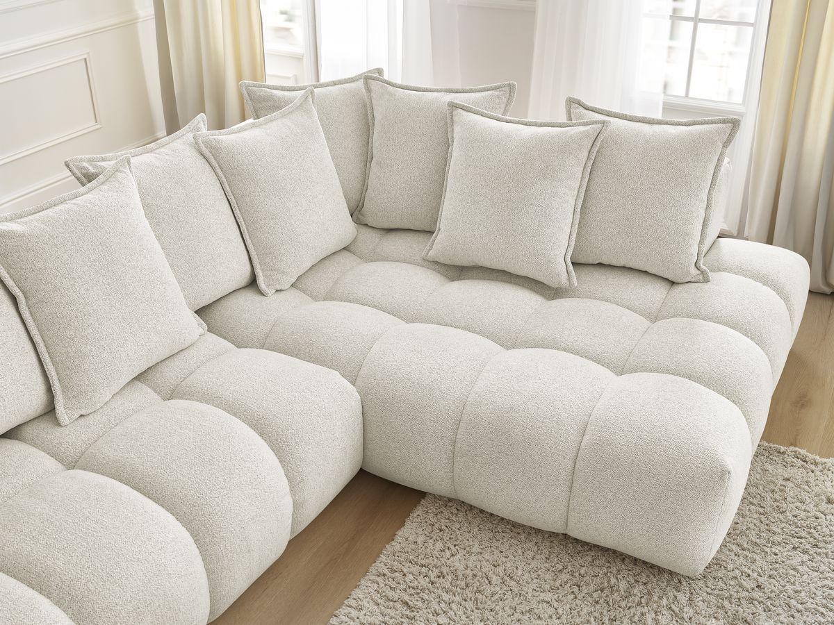 Bobochic Everest Ecksofa mit Schlaffunktion und Pouf, 10 Kissen Melange-Stoff Weiß Ecke rechts