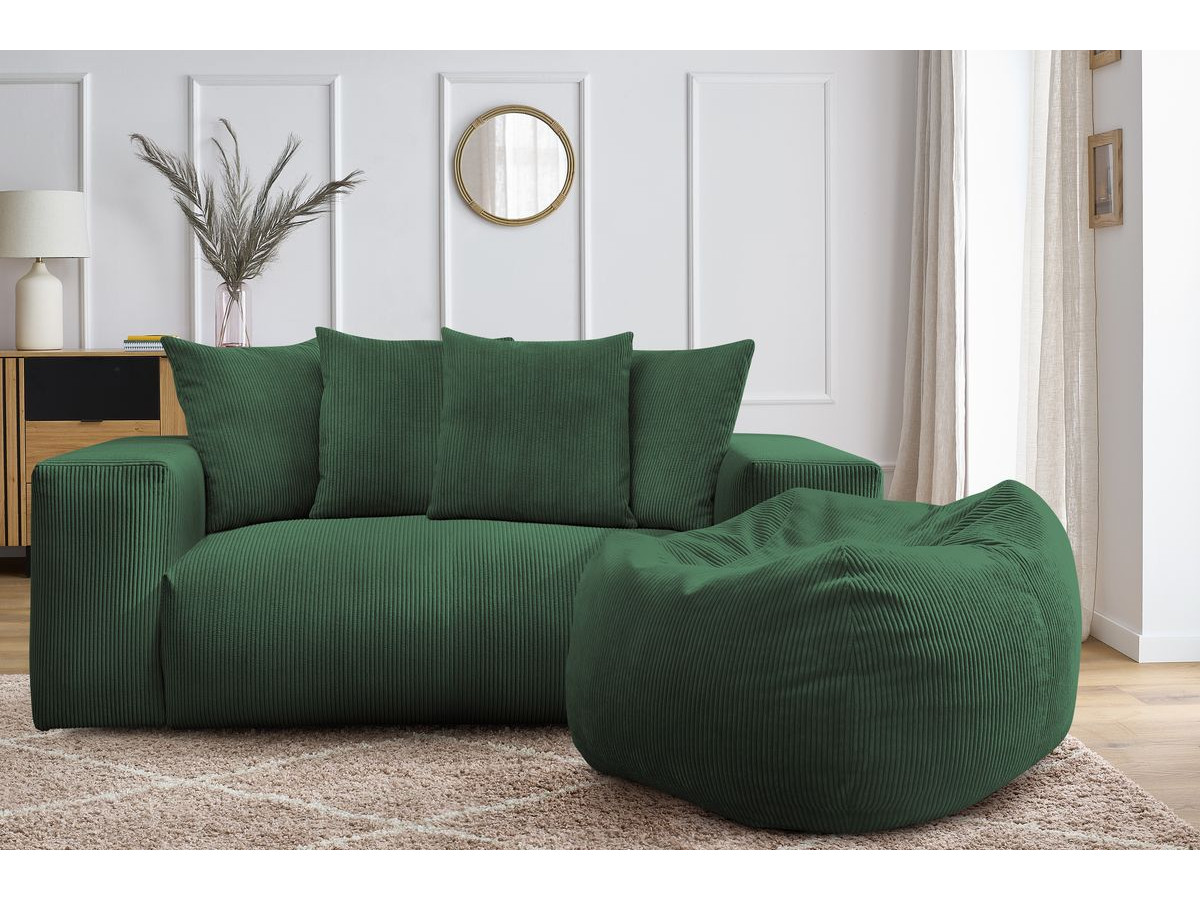 Bobochic Voltaire Sofa 2-Sitzer mit Pouf Cordsamt Grün