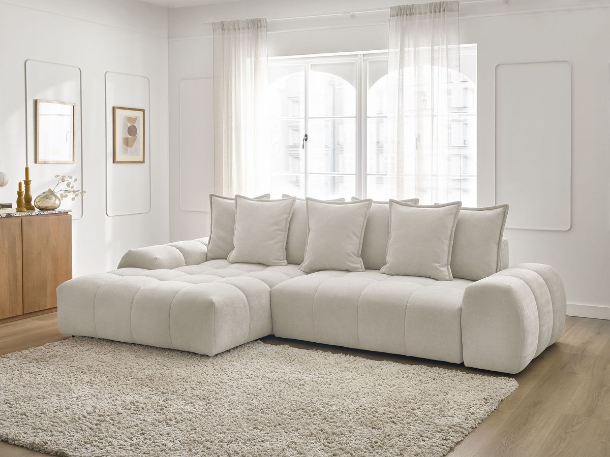 Bobochic Everest Ecksofa mit Schlaffunktion und Bettkasten 318 × 180 cm, 7 Kissen Strukturstoff Weiß Ecke links