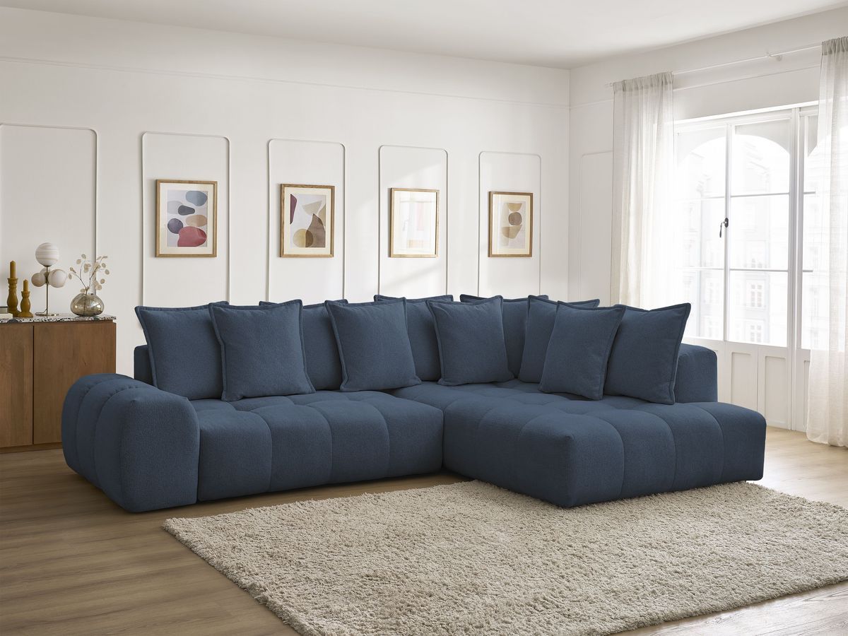 Bobochic Everest Ecksofa mit Schlaffunktion und Bettkasten 320 × 212 cm, 10 Kissen Melange-Stoff Dunkelblau Ecke rechts