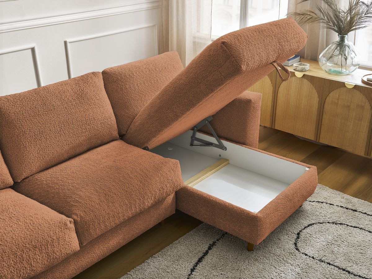 Bobochic Cocoone Ecksofa mit Schlaffunktion und Bettkasten Bouclé-Stoff Orange, Liegefläche 140 × 200 cm