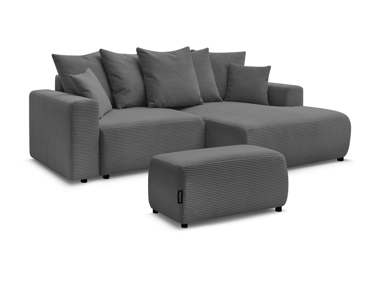 Bobochic Atilla Ecksofa mit Schlaffunktion und Bettkasten und Pouf Cordsamt Dunkelgrau Ecke rechts