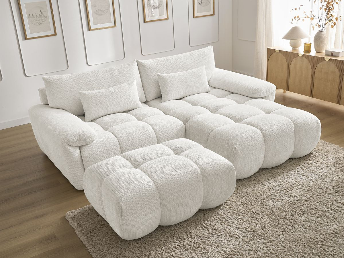 Bobochic Ivane Ecksofa mit Pouf Strukturstoff Weiß Ecke rechts