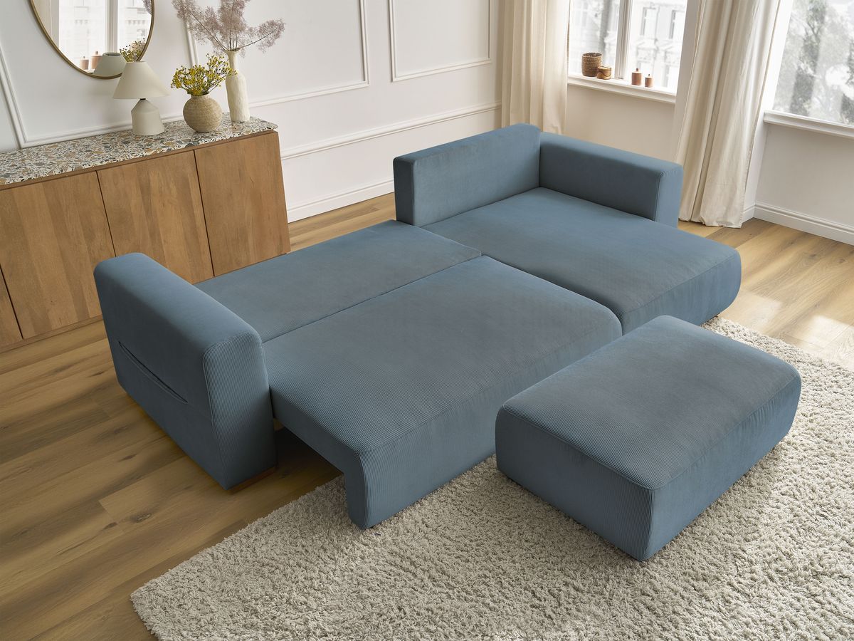 Bobochic Sidonie Ecksofa mit Schlaffunktion und Bettkasten und Pouf Cordsamt Dunkelblau