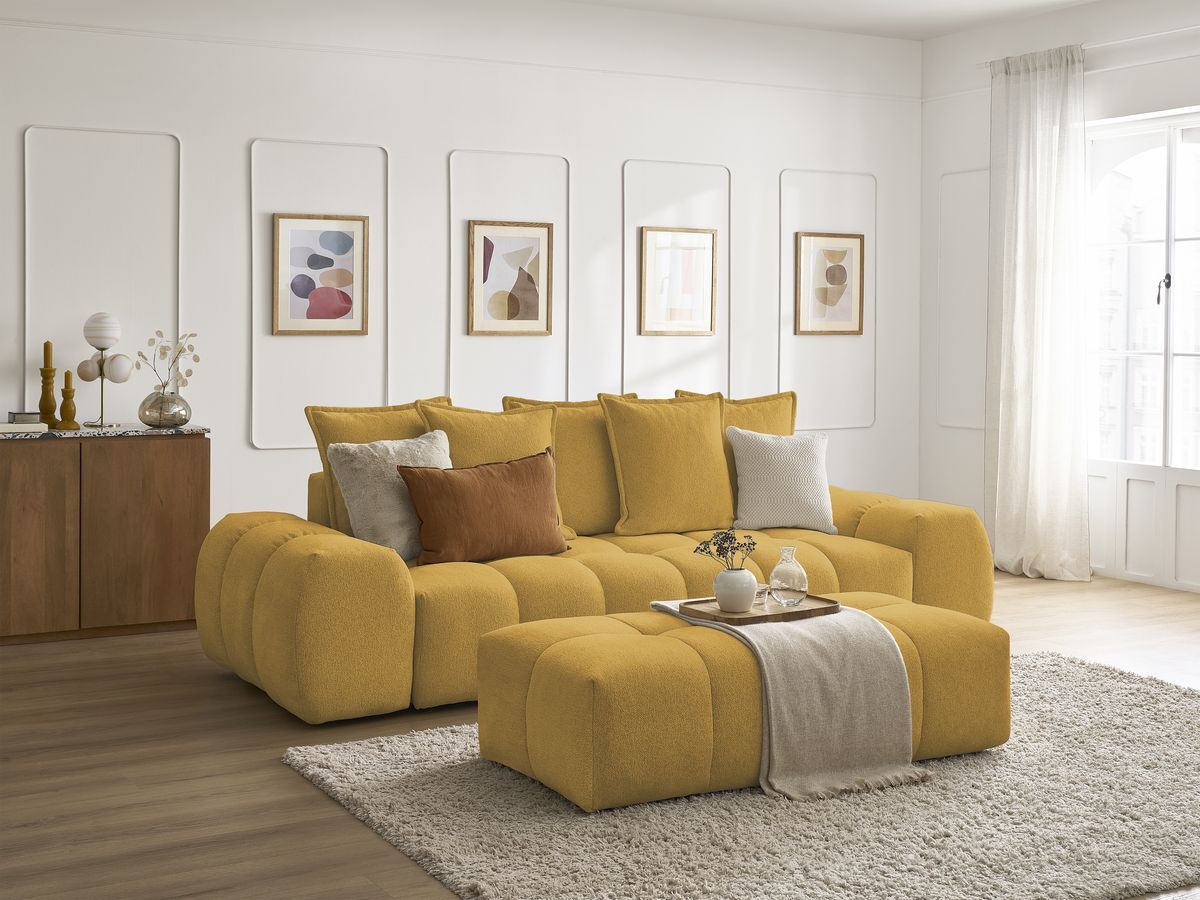 Bobochic Everest Schlafsofa 3-Sitzer mit Bettkasten und Pouf, 5 Kissen Melange-Stoff Gelb