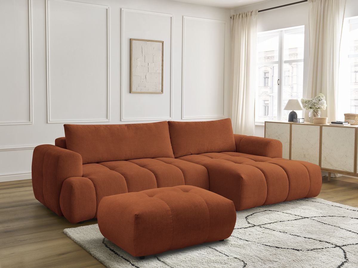 Bobochic Fuji Ecksofa mit Schlaffunktion und Bettkasten und Pouf 292 × 160 cm Stoff Orange Ecke rechts