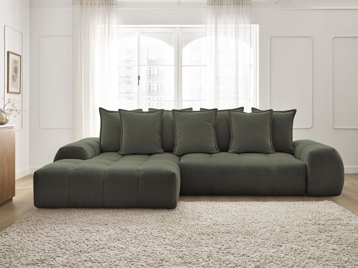 Bobochic Everest Ecksofa mit Schlaffunktion und Bettkasten 318 × 180 cm, 7 Kissen Melange-Stoff Grün Ecke links