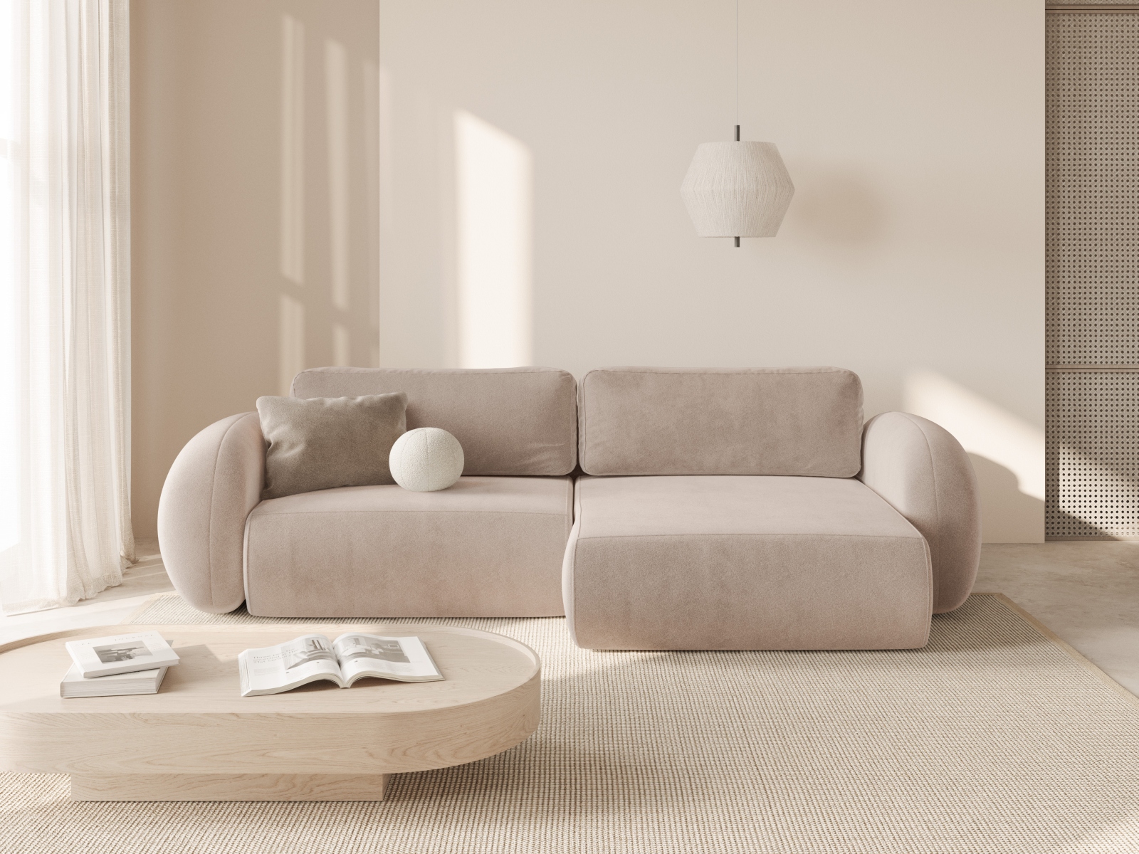 Cosmopolitan Design Wendbares Ecksofa Tonale 4-Sitzer mit Schlaffunktion und Bettkasten Samt Magic Velvet Mandelbeige