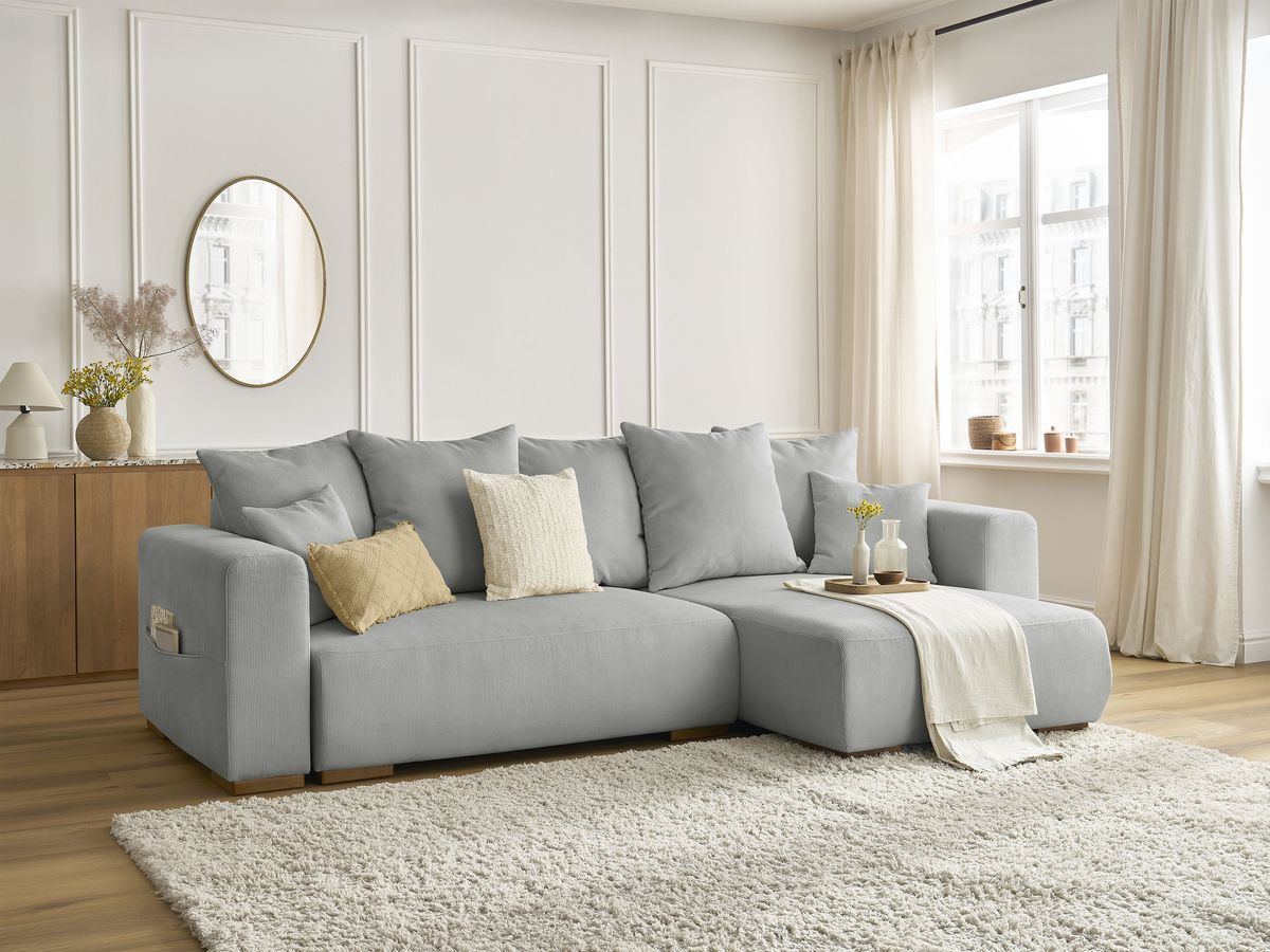 Bobochic Sidonie Ecksofa mit Schlaffunktion und Bettkasten Cordsamt Hellgrau