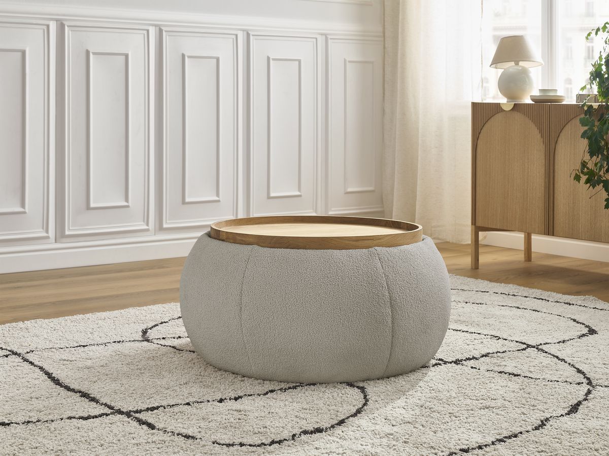 Bobochic Hayden Pouf mit Tablett, rund Bouclé-Stoff Taupe, 77 cm