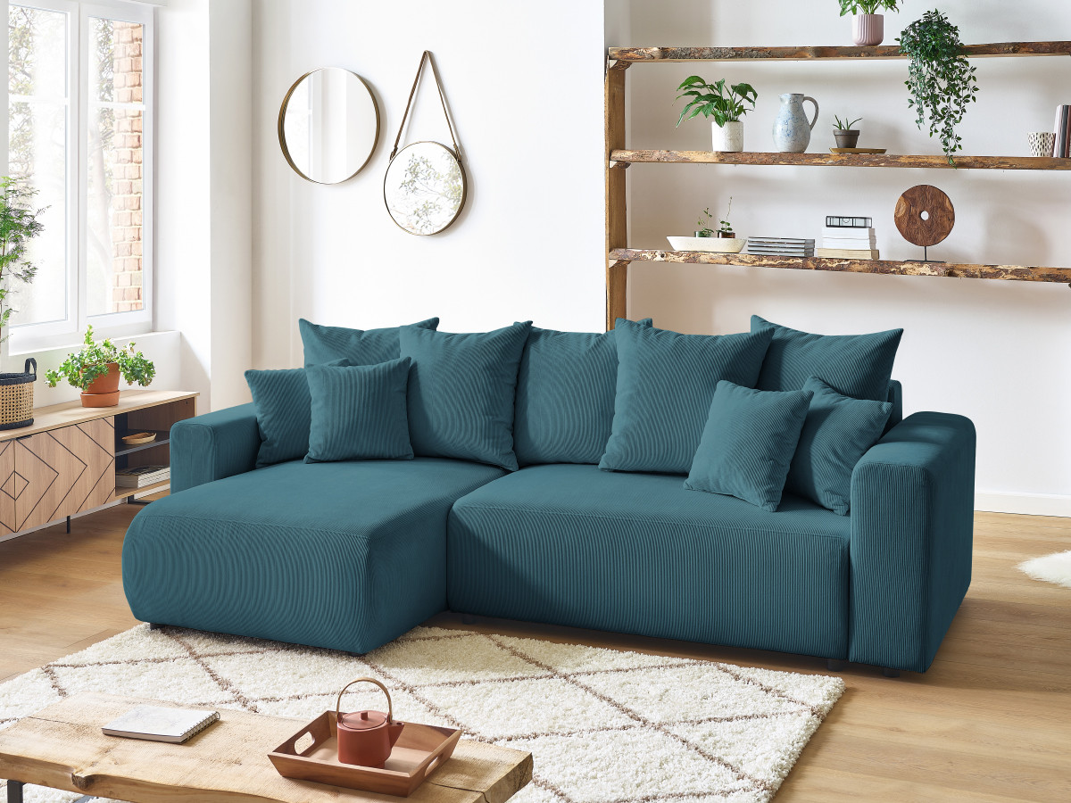 Bobochic Envy Ecksofa mit Schlaffunktion und Bettkasten Cordsamt Dunkelblau