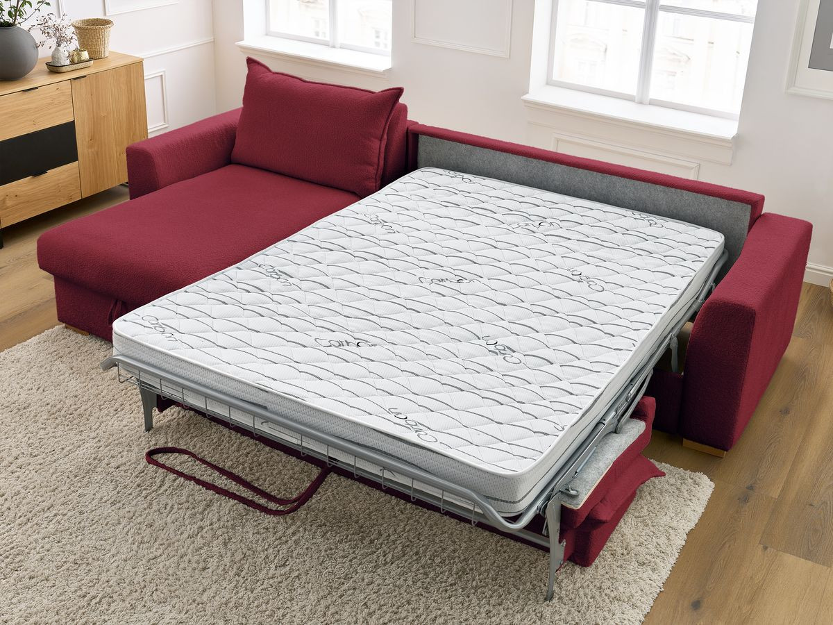 Bobochic Augustin Ecksofa mit Schlaffunktion und Bettkasten Bouclé-Stoff Rot, Liegefläche 160 × 200 cm