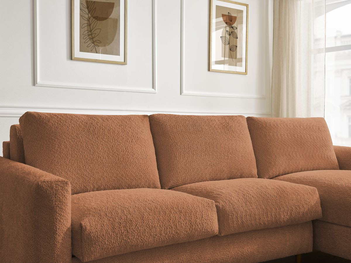 Bobochic Cocoone Ecksofa mit Schlaffunktion und Bettkasten Bouclé-Stoff Orange, Liegefläche 160 × 200 cm