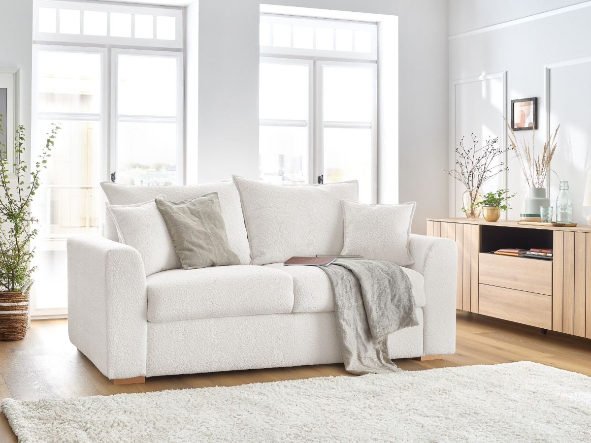 Bobochic Augustin Schlafsofa 3-Sitzer Bouclé-Stoff Weiß, Liegefläche 140 × 200 cm