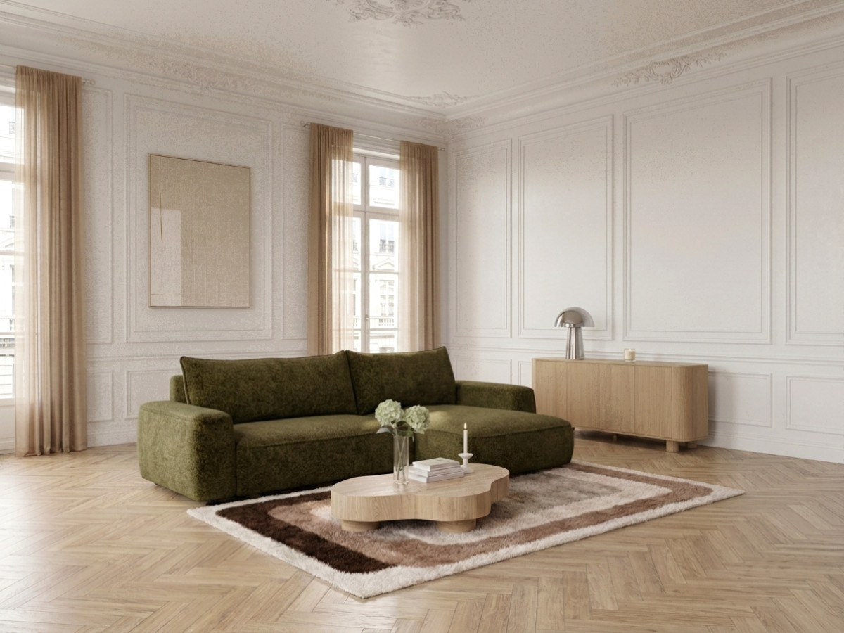 Bobochic Honore Ecksofa mit Schlaffunktion und Bettkasten Chenille Grün