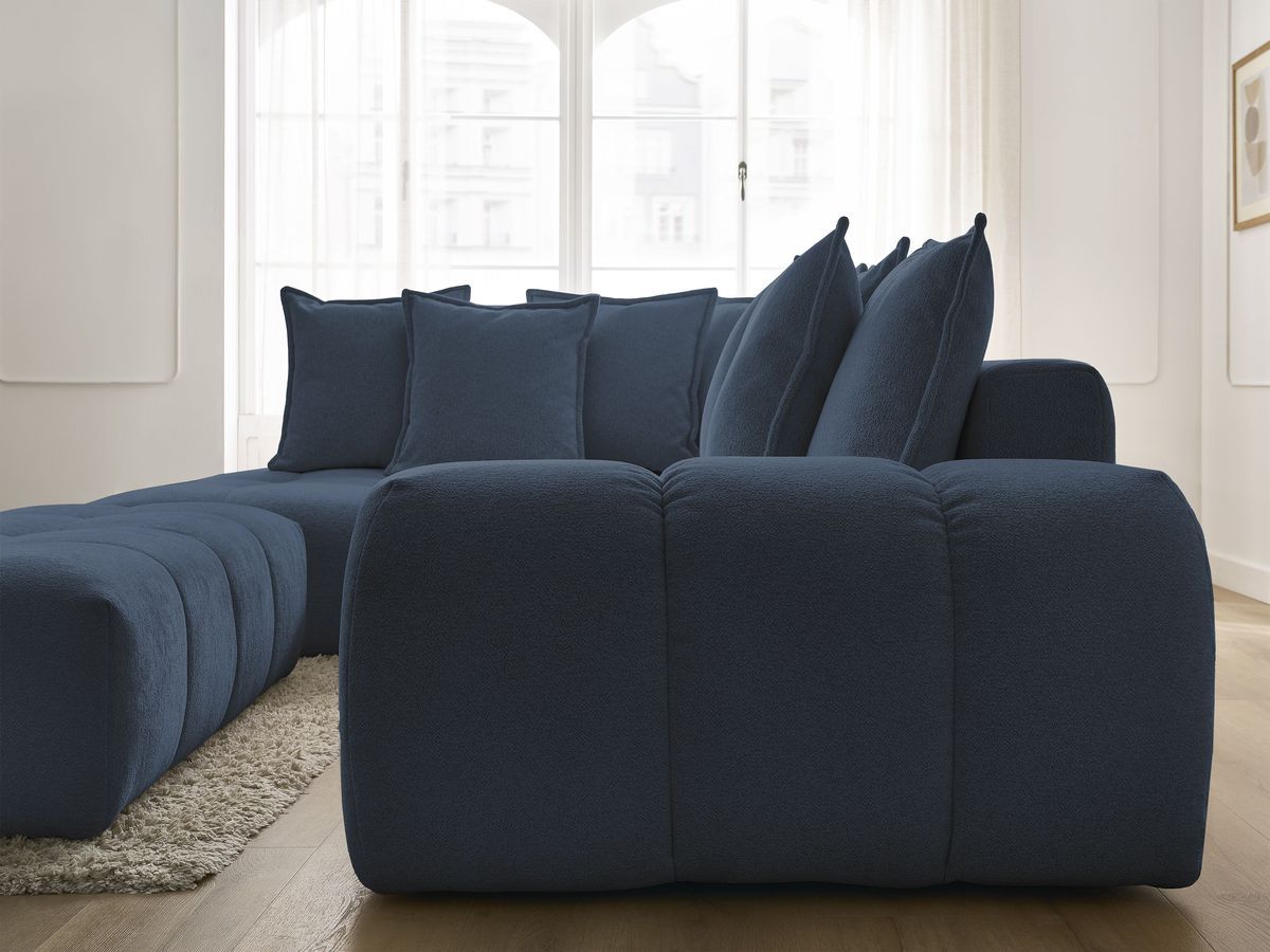 Bobochic Everest Ecksofa mit Schlaffunktion und Bettkasten und Pouf 320 × 212 cm, 10 Kissen Melange-Stoff Dunkelblau Ecke links