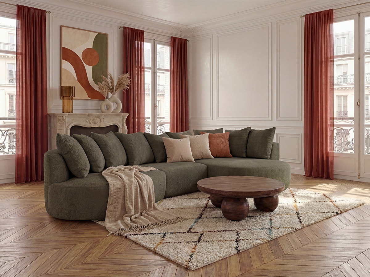 Bobochic Calypso Ecksofa Bouclé-Stoff Grün Ecke rechts