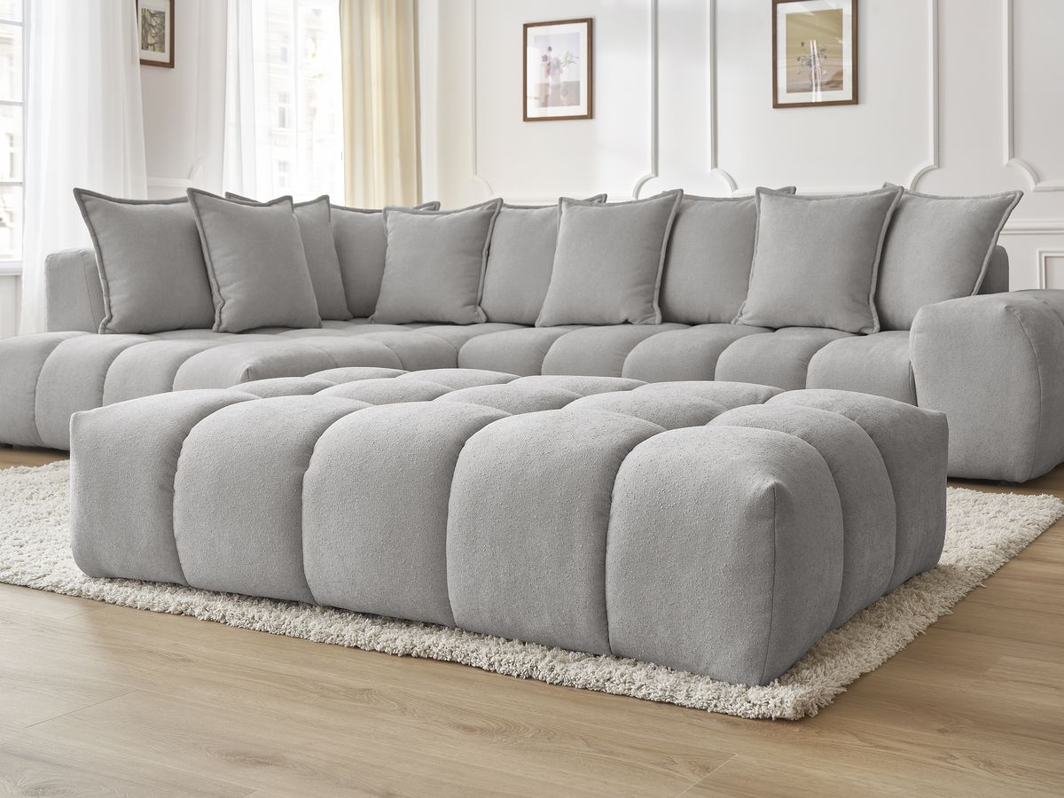 Bobochic Everest Ecksofa mit Schlaffunktion und Pouf, 10 Kissen Strukturstoff Hellgrau Ecke links