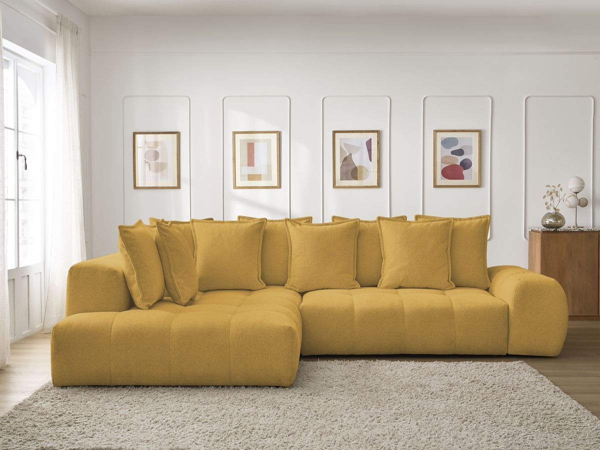 Bobochic Everest Ecksofa mit Schlaffunktion und Bettkasten 320 × 212 cm, 10 Kissen Melange-Stoff Gelb Ecke links