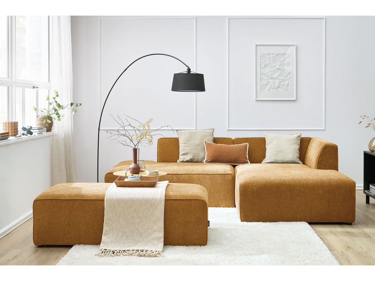 Bobochic Megeve Ecksofa mit Schlaffunktion und Pouf Strukturstoff Gelb Ecke rechts