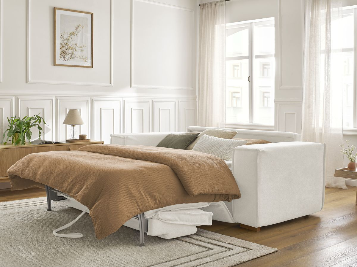 Bobochic Chelsea Schlafsofa 3-Sitzer Strukturstoff Weiß, Liegefläche 140 × 200 cm