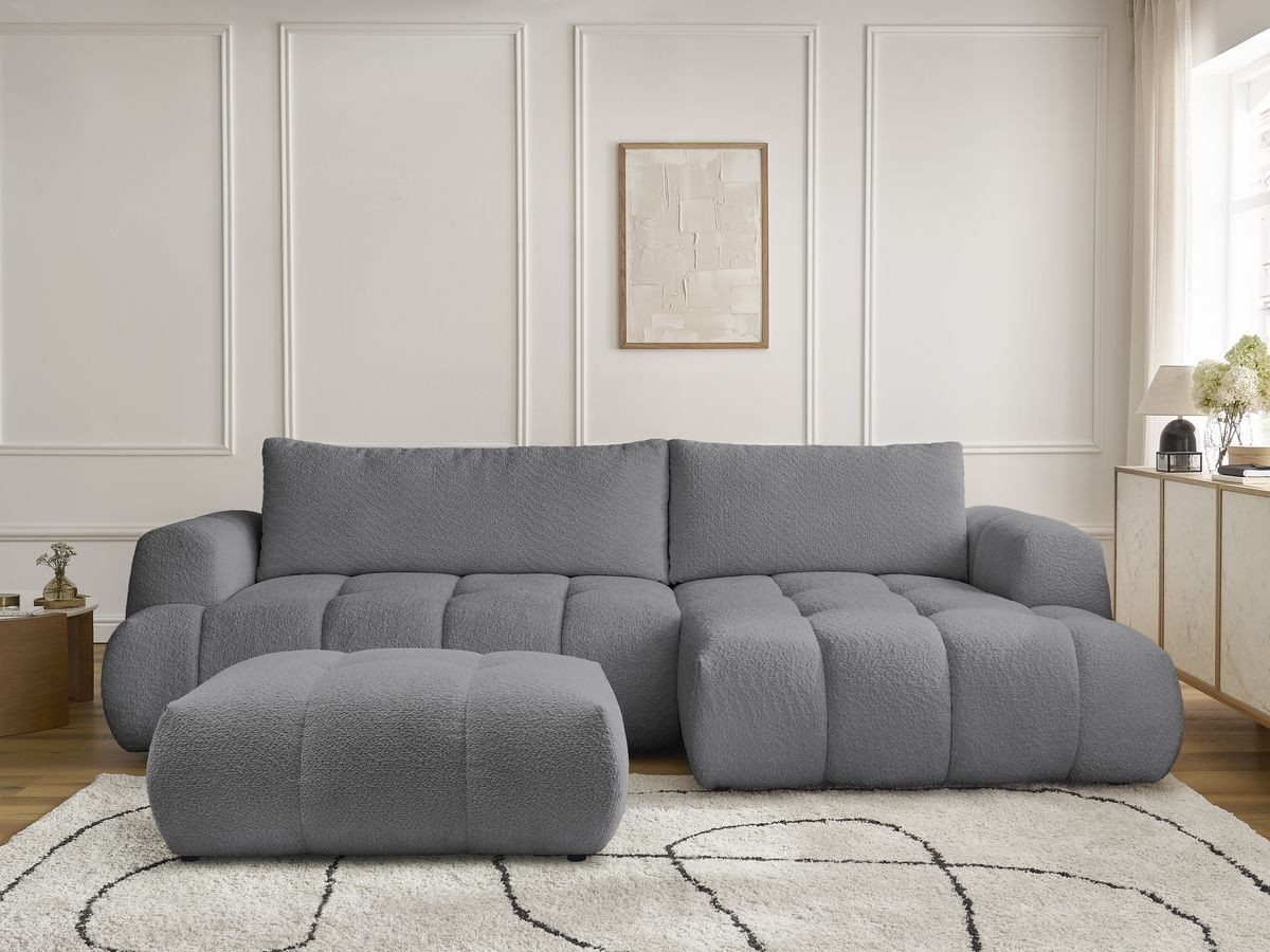 Bobochic Fuji Ecksofa mit Schlaffunktion und Bettkasten und Pouf 292 × 160 cm Bouclé-Stoff Dunkelgrau Ecke rechts