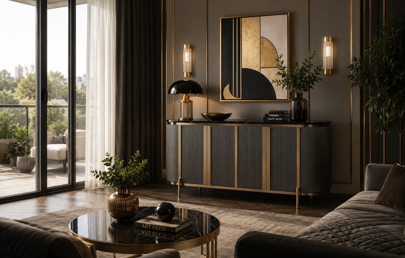 Livin Hill Sideboard Stilig Riffelfront 160 cm Schwarz, Platte Marmoroptik