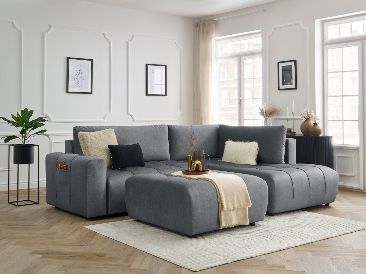 Bobochic Arsene Ecksofa mit Schlaffunktion und Bettkasten und Pouf 277 × 200 cm Samt Dunkelgrau Ecke rechts