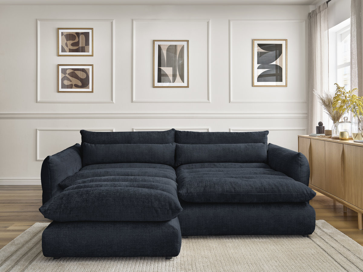 Bobochic Neil Ecksofa mit Pouf Strukturstoff Dunkelblau Ecke rechts