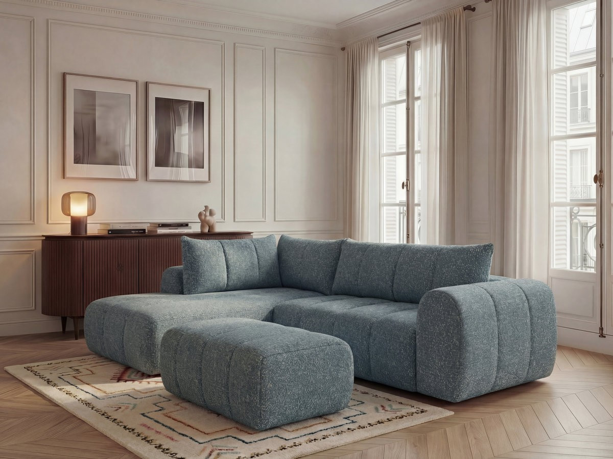 Bobochic Nesty Ecksofa in L-Form, 256 cm, mit Pouf Melange-Stoff Blau Ecke links