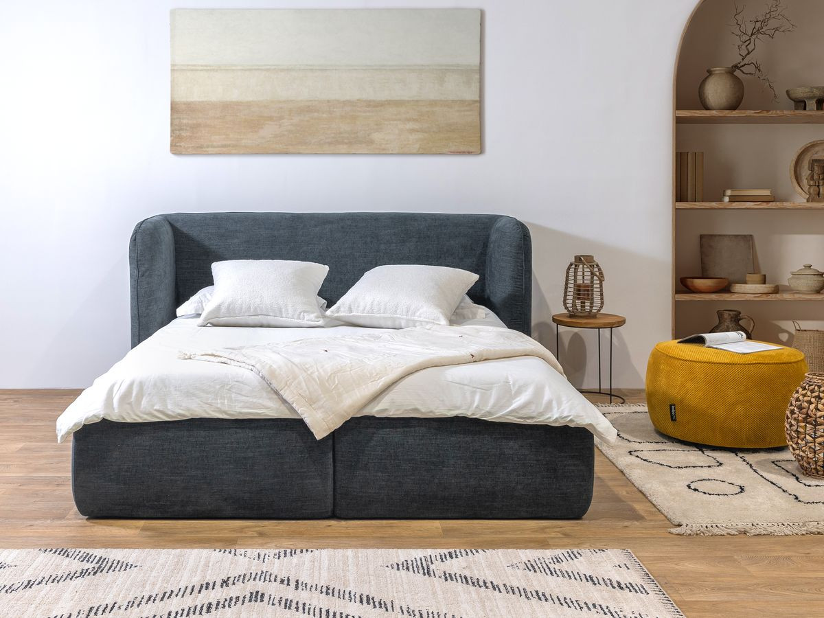 Bobochic Louise Polsterbett mit Bettkasten Stoff Dunkelblau, Liegefläche 160 × 200 cm