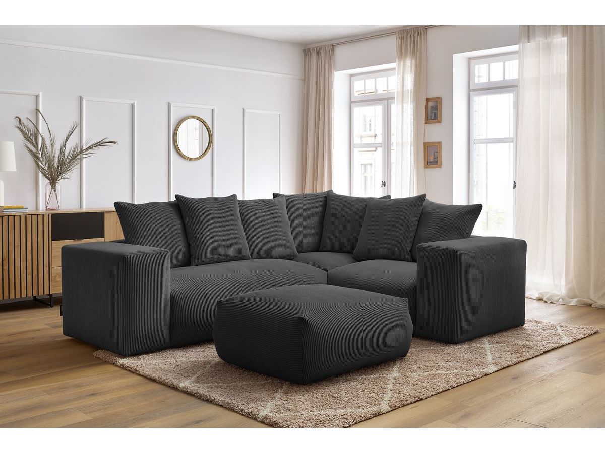 Bobochic Voltaire Ecksofa mit Pouf 268 × 214 cm Cordsamt Dunkelgrau Ecke rechts