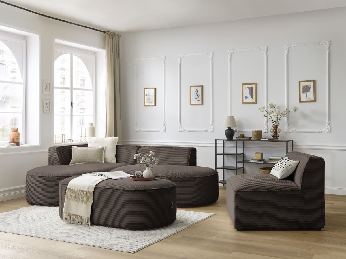 Bobochic Rousseau Ecksofa mit Sofamodul und Pouf Cordsamt Braun Ecke links