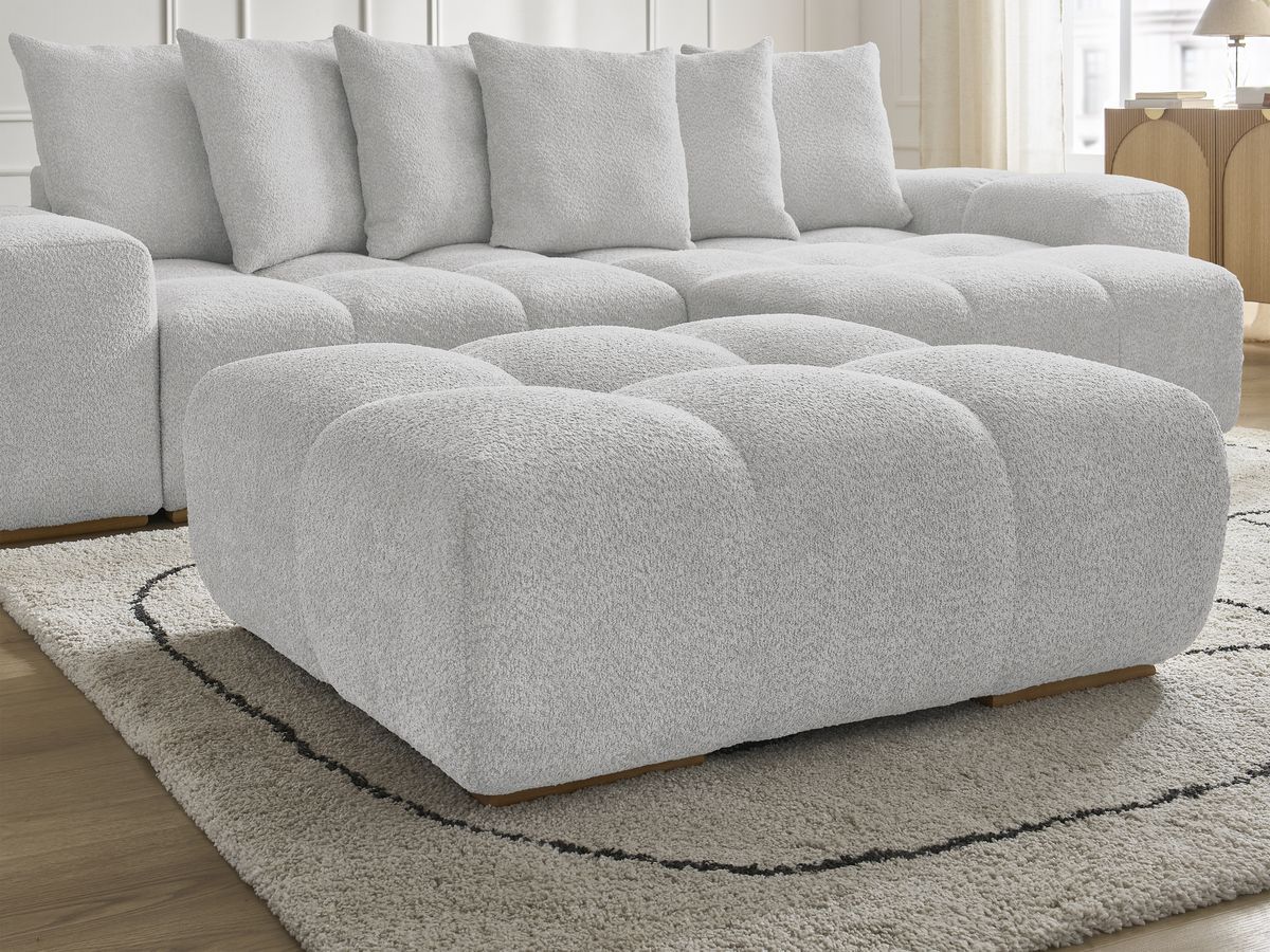 Bobochic Anakin Ecksofa mit Pouf, 6 Kissen Bouclé-Stoff Hellgrau