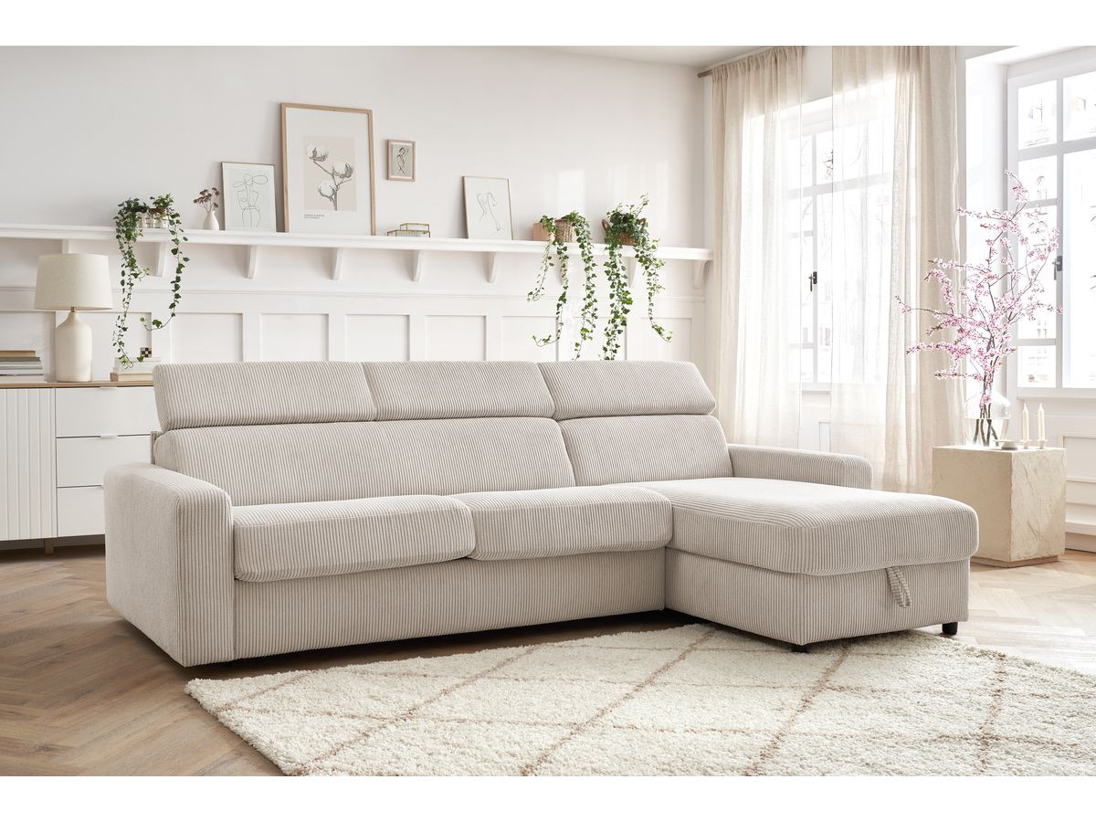 Bobochic Monaco Ecksofa mit Schlaffunktion und Bettkasten Cordsamt Beige, Liegefläche 140 × 190 cm