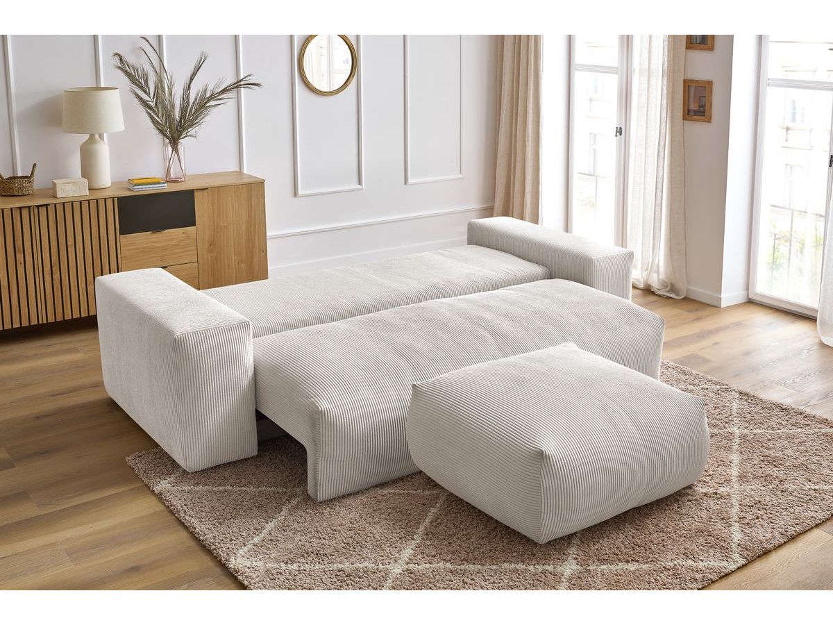 Bobochic Voltaire Schlafsofa 4-Sitzer mit Bettkasten und Pouf Cordsamt Beige